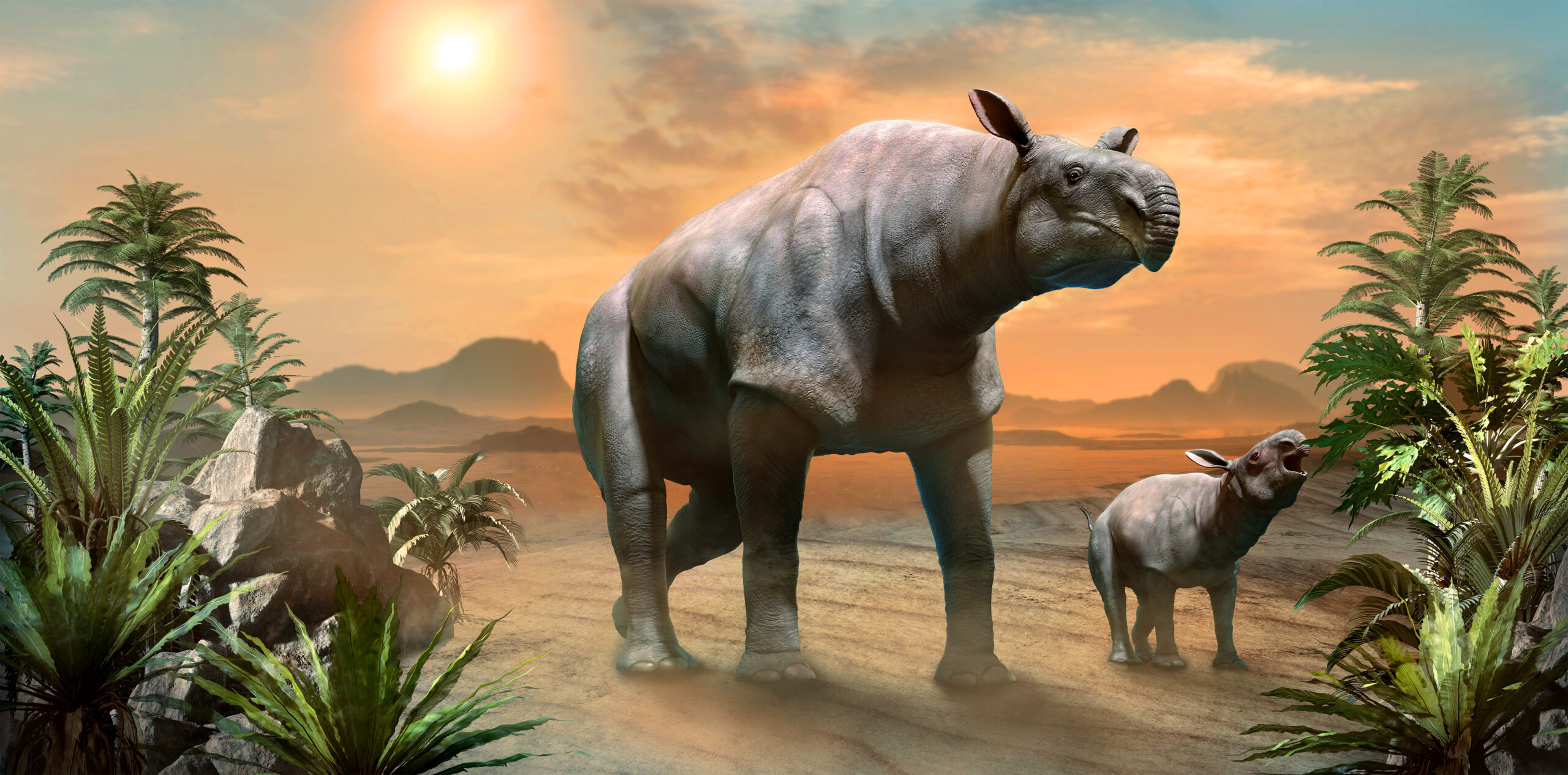 an illustration shows a huge rhino-like creature walking through dry terrain with its calf